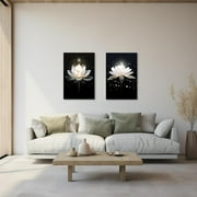 ZHONGYUTONG Black and White Zen Canvas Wall Art Glowing White Lotus Flower Painting Prints Spa Bathroom Decor for Spiritual Meditation Yoga Room Framed (12.00 x 18.00)