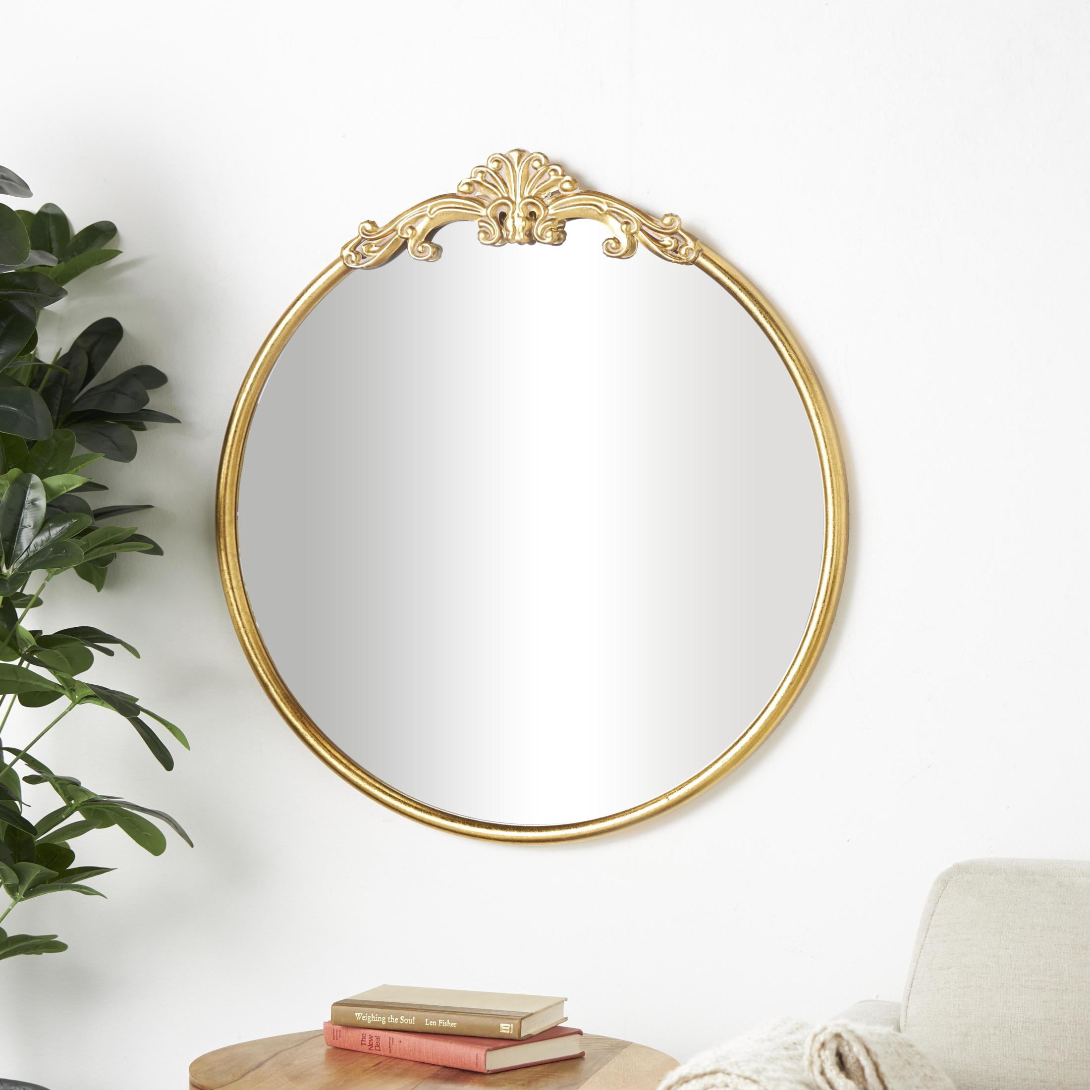 DecMode 30" x 32" Gold Ornate Baroque Round Scroll Wall Mirror