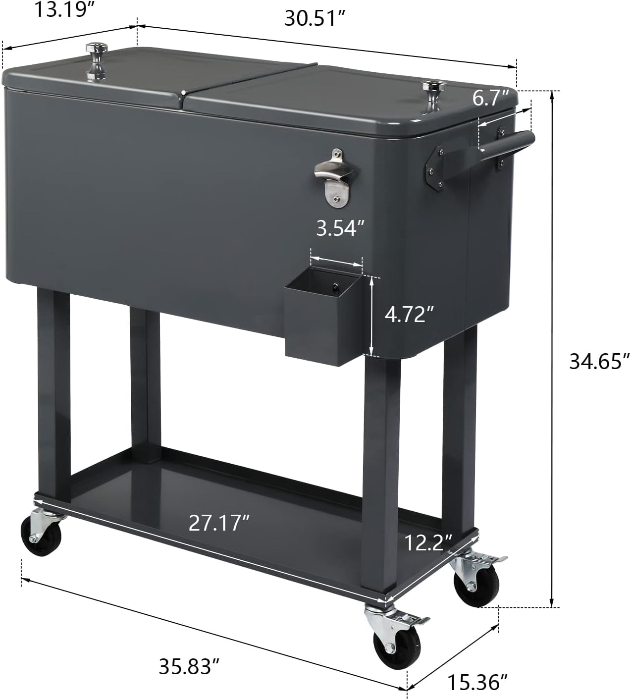 80 Quart Rolling Ice Chest, Portable Bar Drink Cooler with Catch Basin, Bottom Storage Tray and Bottle Opener for Patio Party BBQ Beach Activities