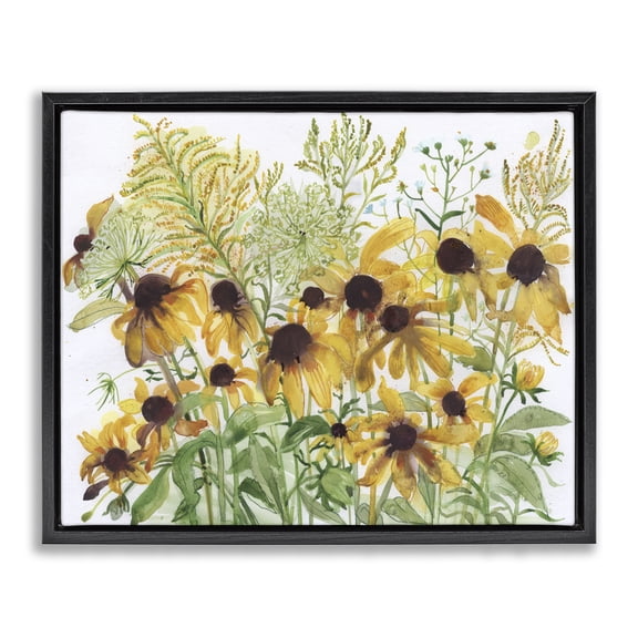 Stupell Industries Eclectic Layered Yellow Daisy Blooms Wildflower Herb Sprouts Black Floating Frame Canvas Art, 21 x 17, by Maret Hensick