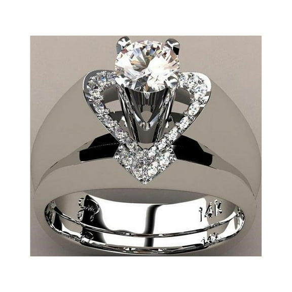 Women's Heart Shaped Silver Diamond Ring Set Engagement Wedding Band Ring