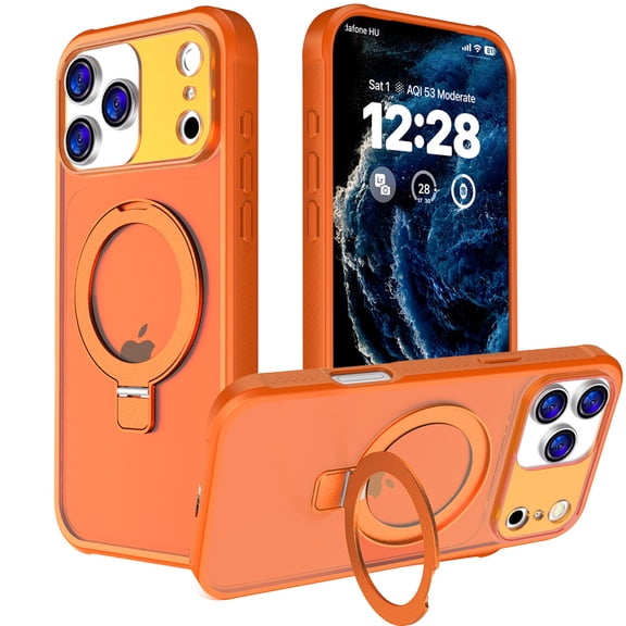 Allytechgroup Magnetic Case for Apple iPhone 17 Pro, Rotating Kickstand Shockproof Hand Grip Ring Compatible with Magsafe Anti-Scratch Phone Cover for iPhone 17 Pro, Orange
