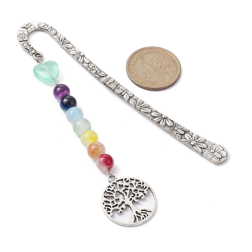 Flower Pattern Alloy Hook Bookmarks Round & Heart Glass Beaded Bookmark with Charm Tree of Life 124mm Pendant: 106x25x8.5mm