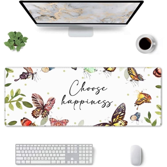 Butterfly Choose Happiness Gaming Mouse Pad Butterflies Large Mouse Pad (31.5x11.8 Inch) Non-Slip Rubber Base Large Desk Mat Desk Protector for Home Office Gaming Work