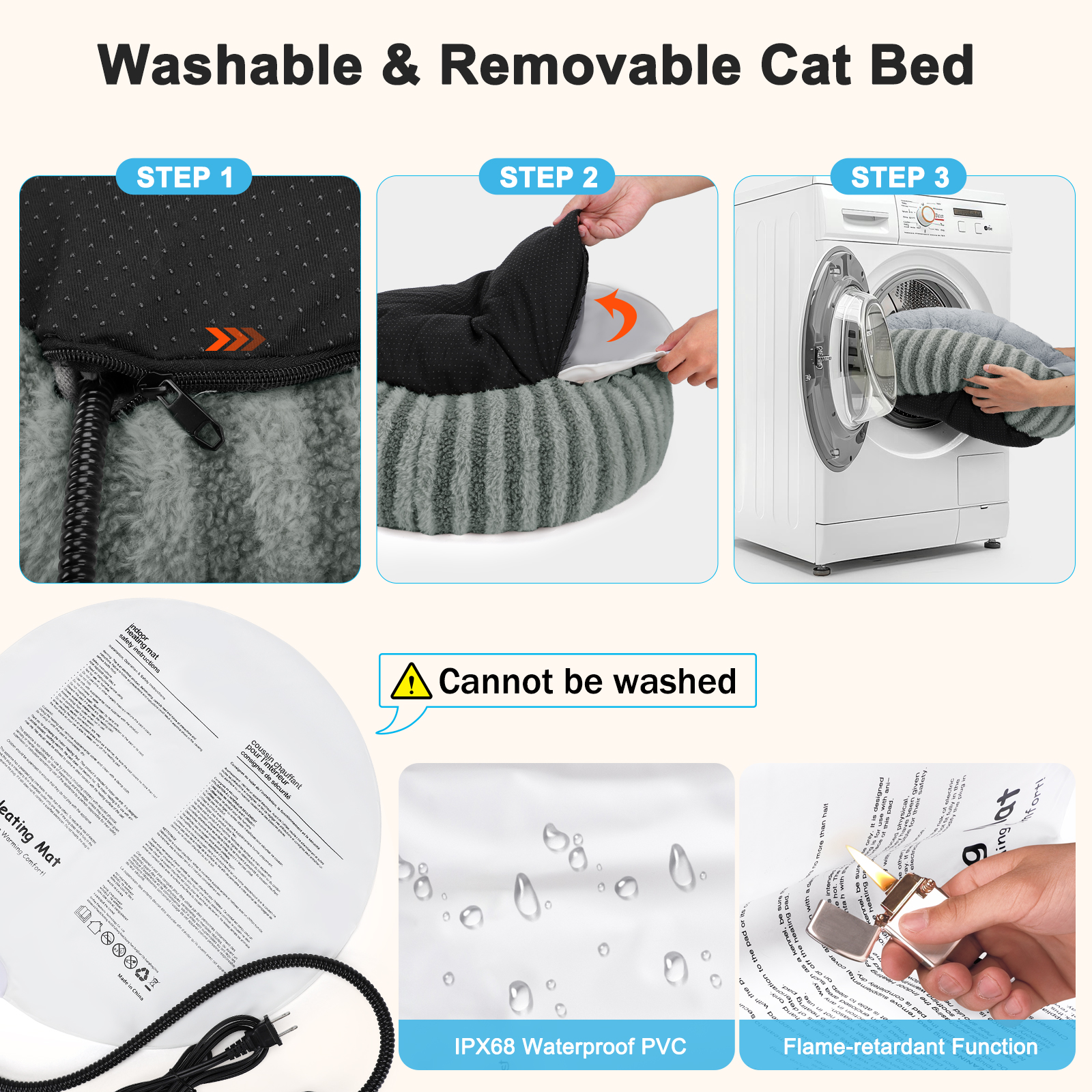 Heated Cat Bed Indoor for Cats and Small Dogs, 20in Donut Heating Pet Bed with Timer and Temperature Control, Waterproof Ultra Soft Cozy Washable Warming Bed, Gray