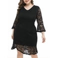 thumbnail image 3 of Plus Size Black Floral Lace Bodycon Dress, V-Neck Bell Sleeve Sheer Hem Cocktail Dress, 3 of 9