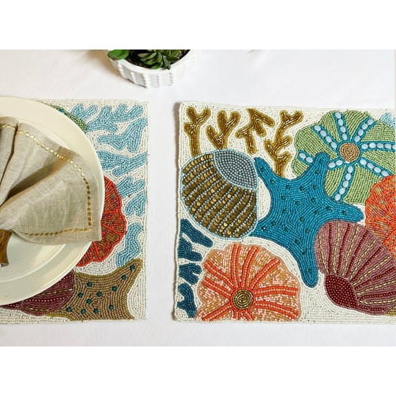 Set of 2, Handmade beaded placemat, coral bead tablemat, 12x16 inch, charger plate, gift for her
