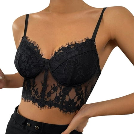 ERkkoi Spring Tops For Women Casual Trendy Summer Tank Tops Lace Bralet Bralette Bra Lingerie Underwear Corset Floral Crop Womens Basic Y2K Slim Fit Cami Top Black S