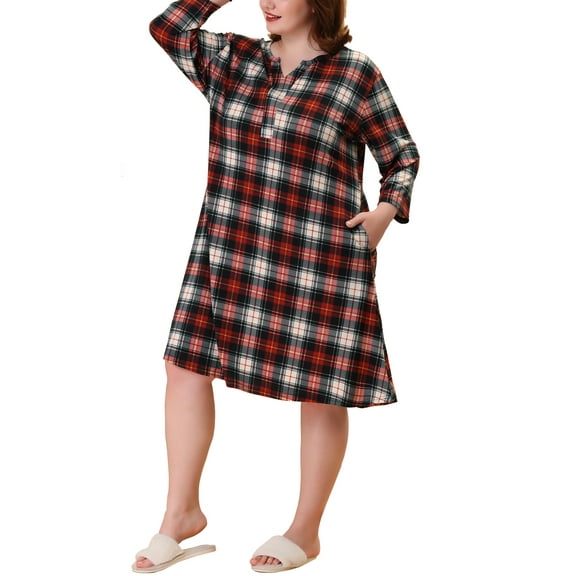 Agnes Orinda Plus Size Nightgown for Women Plaid V Neck Loungewear 1X Red Black Plaid