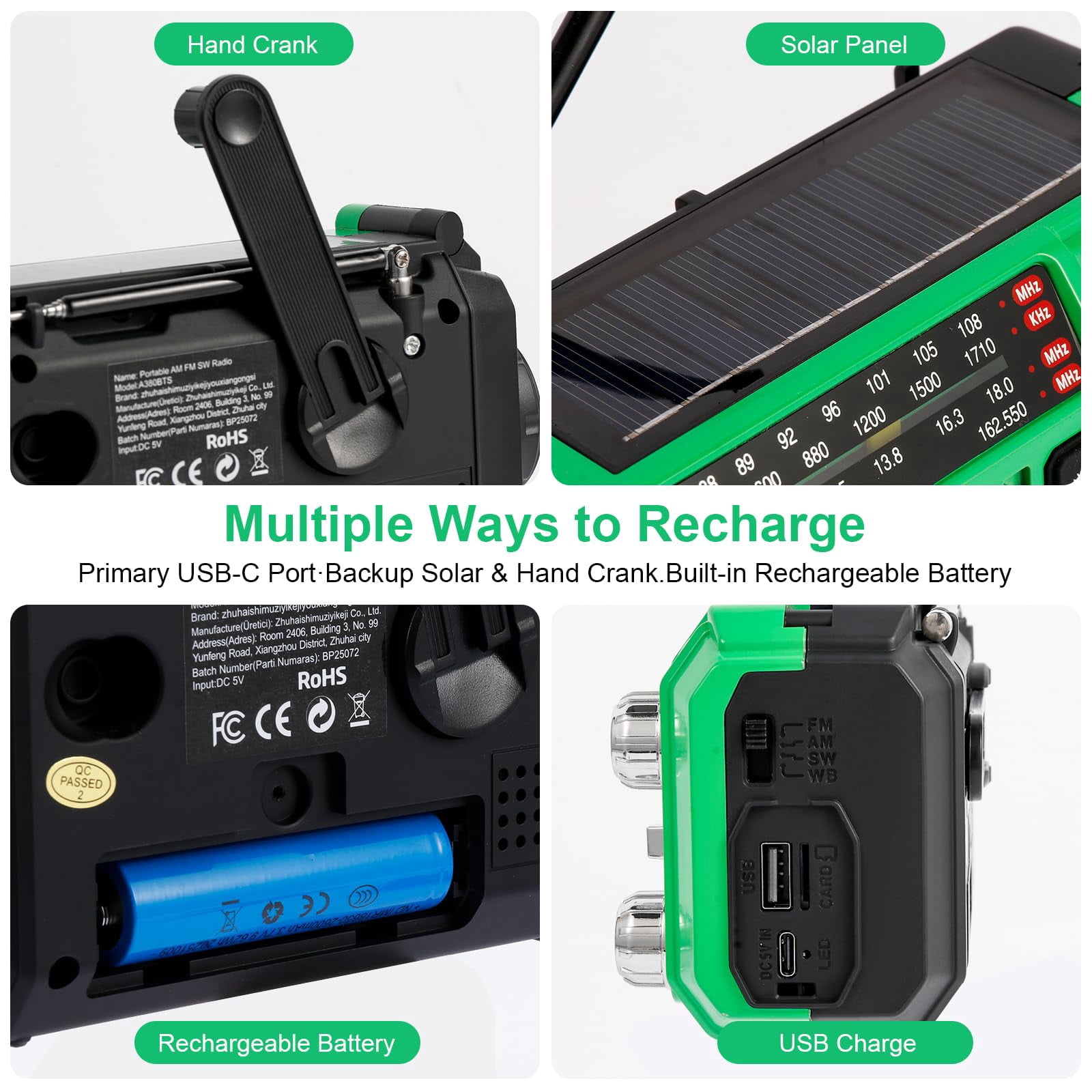 Hand Crank Emergency Weather Radio With 2600mah/9620mwh Power  Noaa Am Fm Shortwave Portable Solar & Usb-c Charging Flashlight Sos Alarm For Kits (green)
