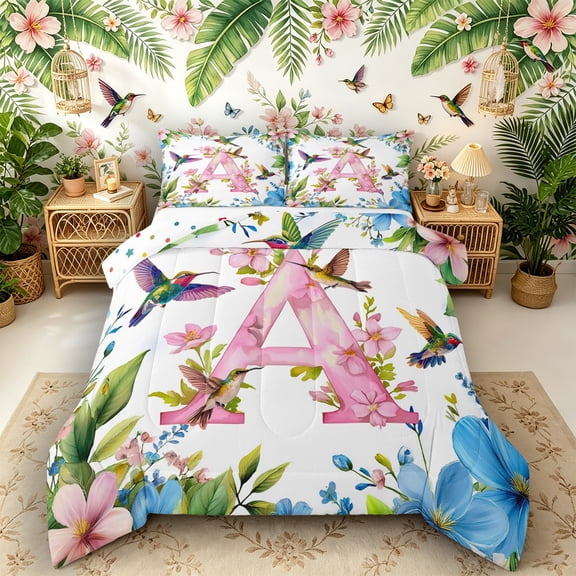 Castle Fairy Floral Letter A Hummingbird Full Size Comforter Sets 3 Pieces for Women,Spring Garden Bedding Sets for Home Decor
