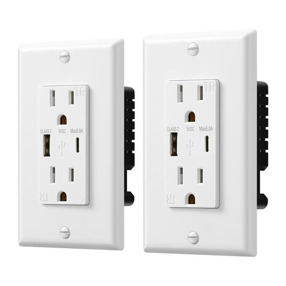 DEWENWILS 5.0A USB Wall Outlet, USB Outlet with Type C & Type A USB Ports, 15 Amp Tamper Resistant Receptacle Outlet, Wall Plate Included, ETL Listed, 2 Pack
