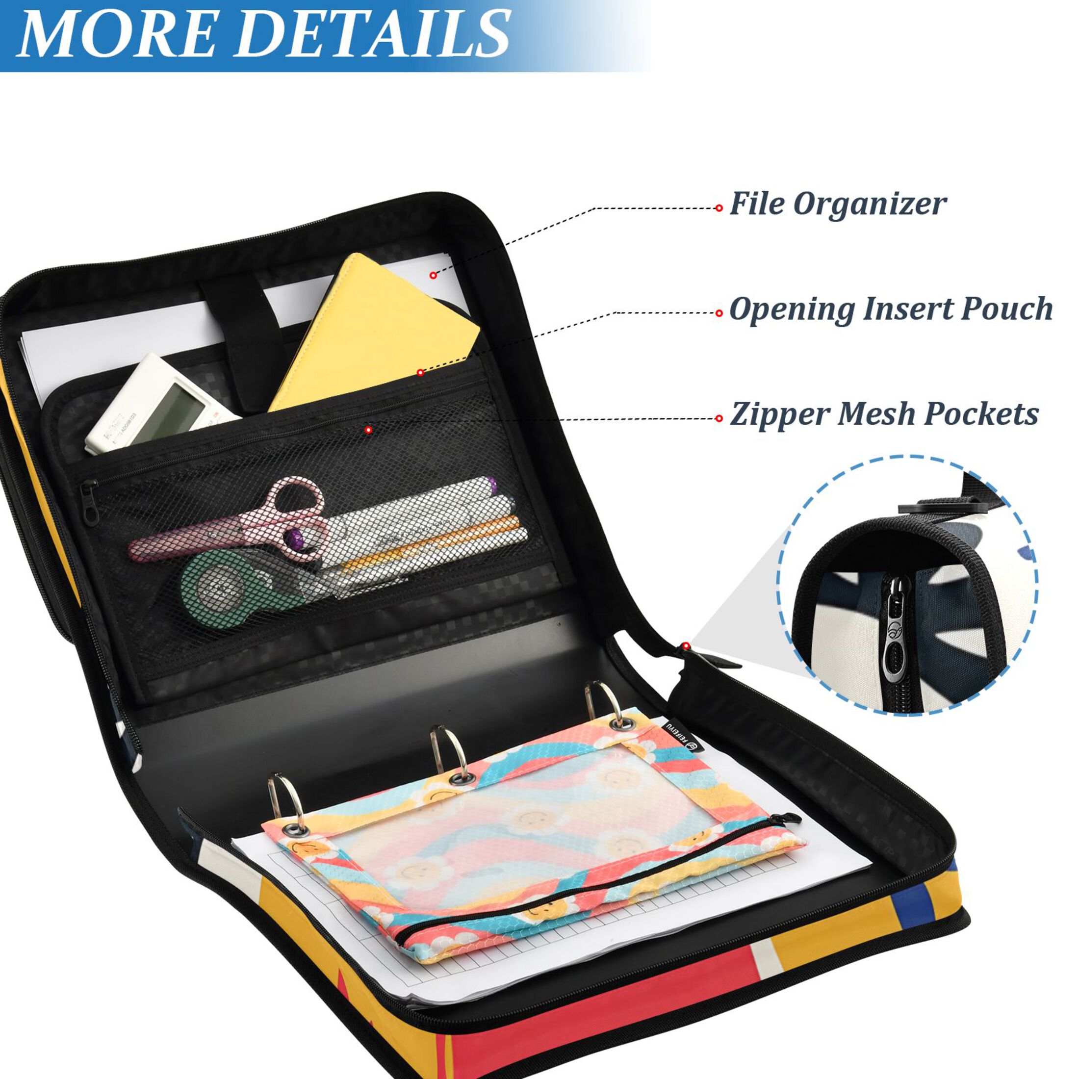 3 Ring Zipper Binder with Shoulder Strap Waterproof Trapper Keeper 2 Inch D-Ring 500 Sheets Capacity Colorful Plants and Squares