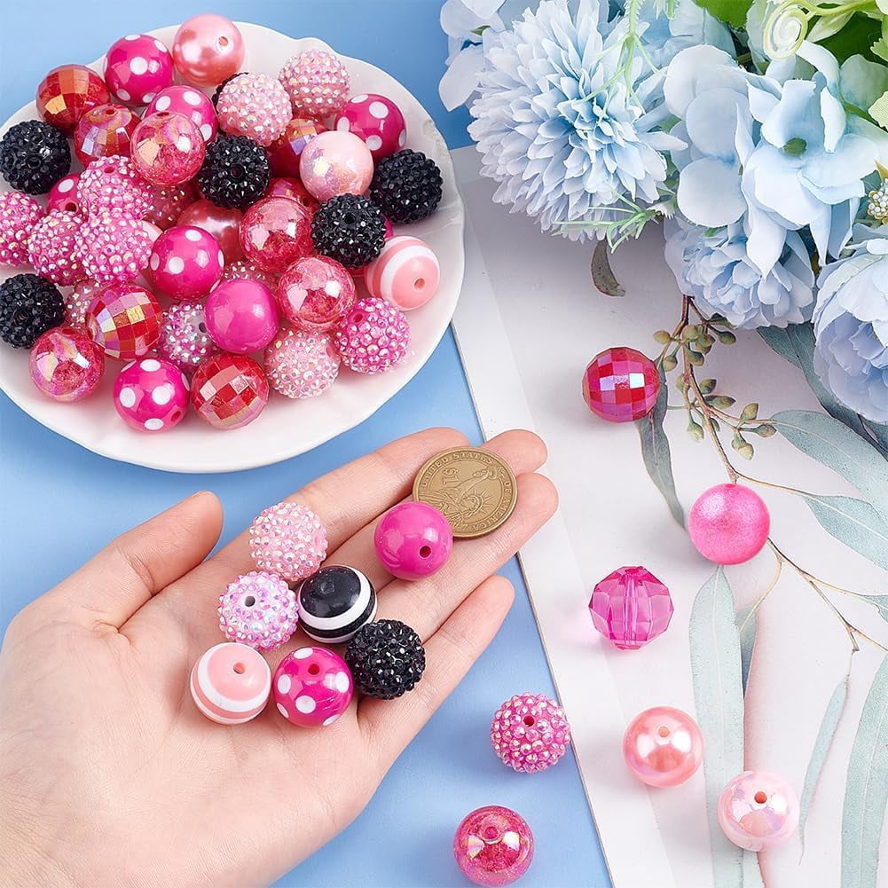 1 Set About 91 Pcs 14 Styles Pink Series Bubblegum Beads Kits 20mm Acrylic Round Chunk Beads Plastic Rhinestone Large Beads Imitation Pearl Beads for Pen Valentine Jewelry Making