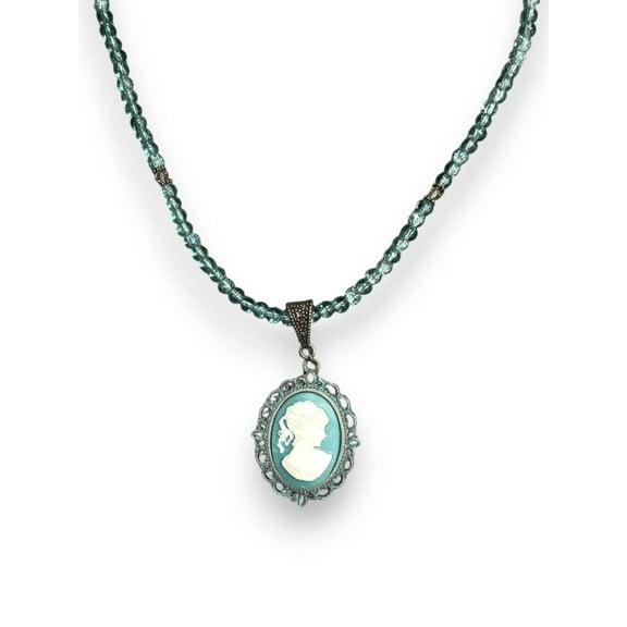 Turquoise Cameo Necklace, Victorian Pendant, Beaded Necklace