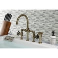 thumbnail image 2 of Kingston Brass KS2333RKX Webb Two-Handle 4-Hole Deck Mount Bridge Kitchen Faucet with Knurled Handle and Brass Side Sprayer in Antique Brass, 2 of 7