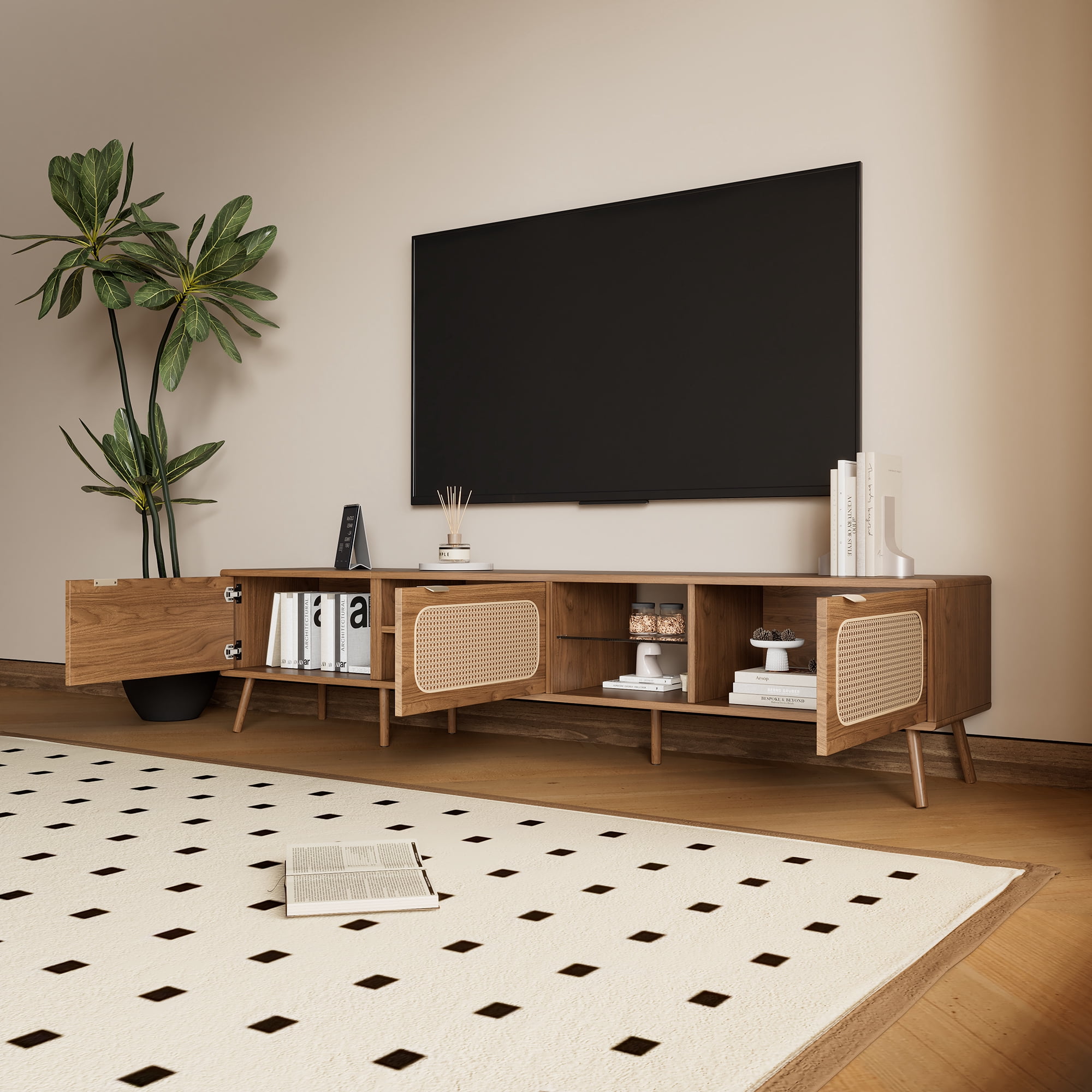 TV Stand for TVs up to 85 Inch, Entertainment Center with Rattan Doors & Glass Open Shelves, Media Console for Living Room