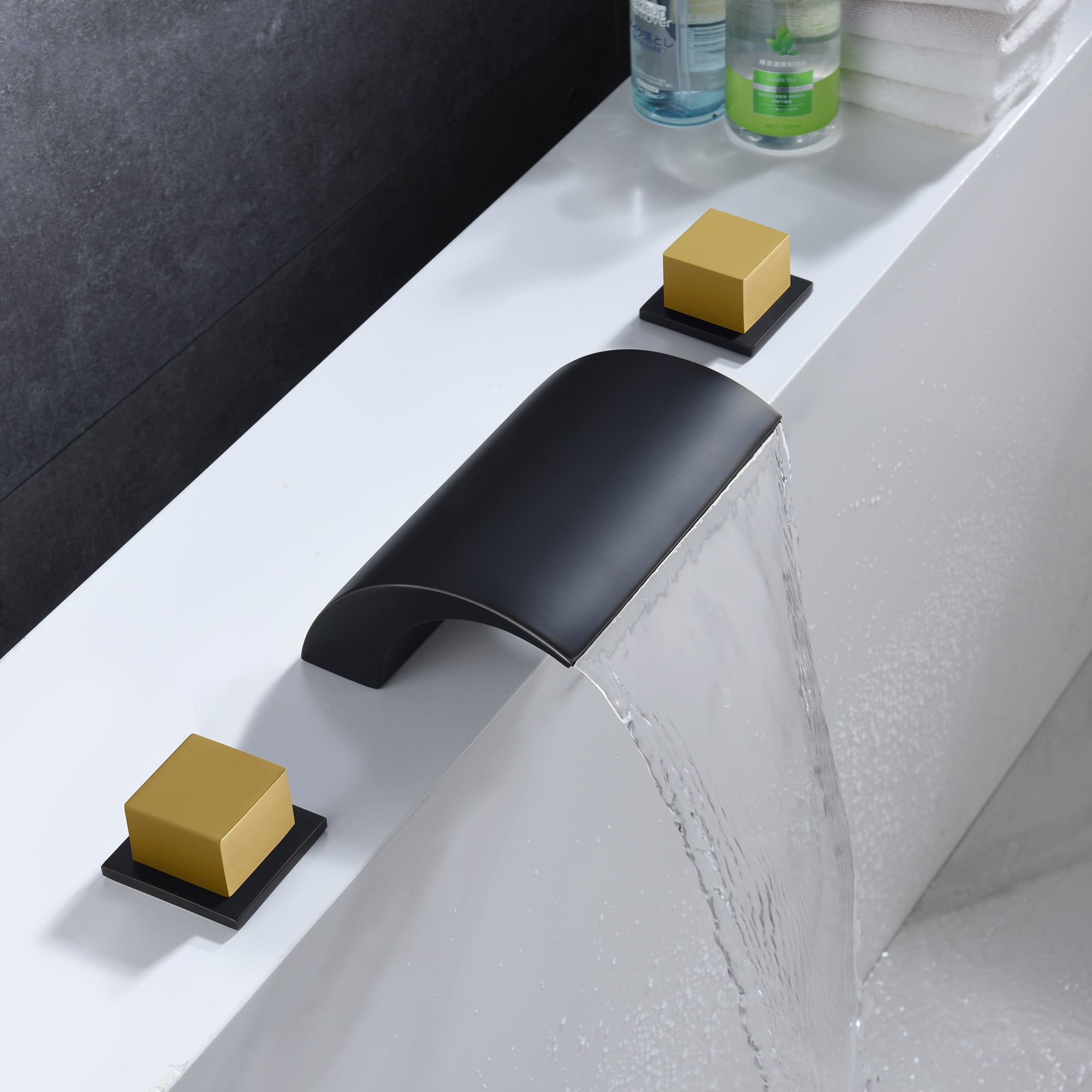 SUMERAIN Roman Bathtub Faucet 3 Hole Deck Mount High Flow Waterfall Tub Filler Black and Gold Finish