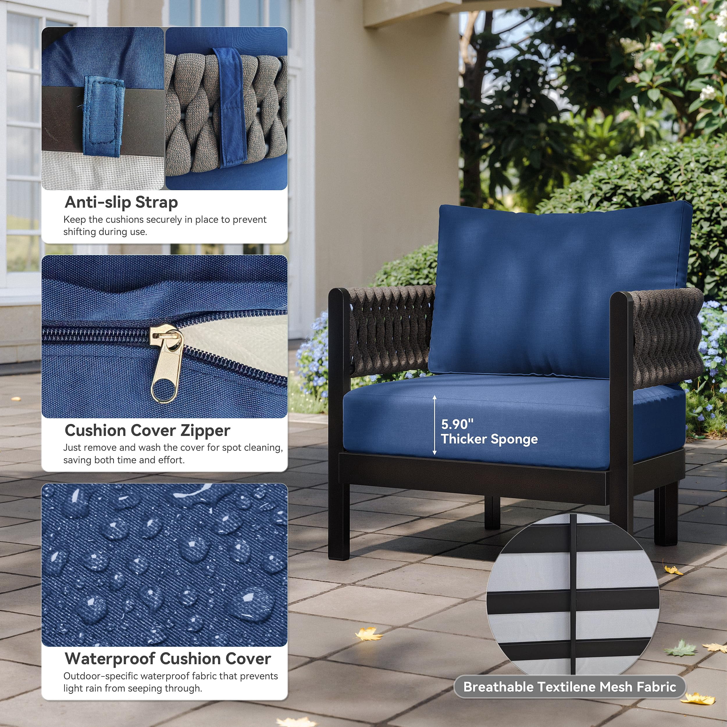 ALAULM Aluminum Patio Furniture Set 8 Pieces,Metal Outdoor Furniture with Modular Coffee Table,HDPE Rope Sectional Conversation Set w/5.9" Thick Cushions for Deck,Porch,Backyard