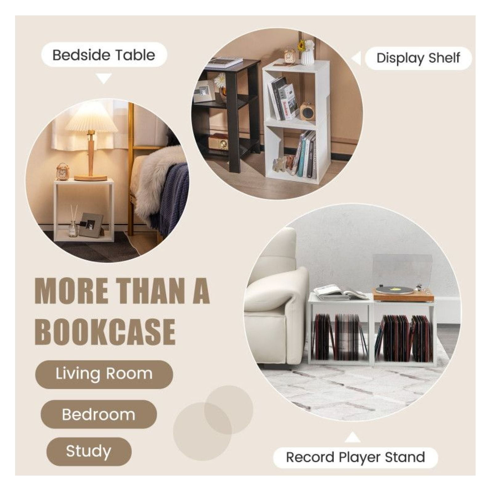 Cube Storage Organizer Set of 2, 15x15x13in Engineered Wood Bookcase, Living Room Bedroom Shelving Unit, Display Rack for Vinyl Records & Decor, White/Natural