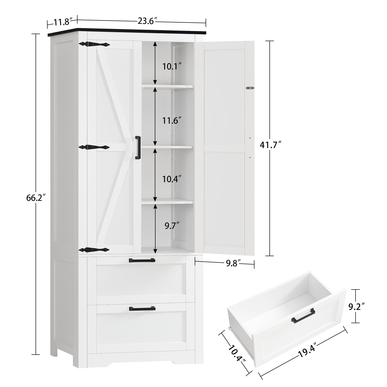 TEENFON 66.2" H Storage Cabinet with 2 Drawers, Farmhouse Kitchen Pantry Cabinet with 2 Doors & Adjustable Shelf, Handbag Storage Organizer, for Living Room, Kitchen, Bedroom, White