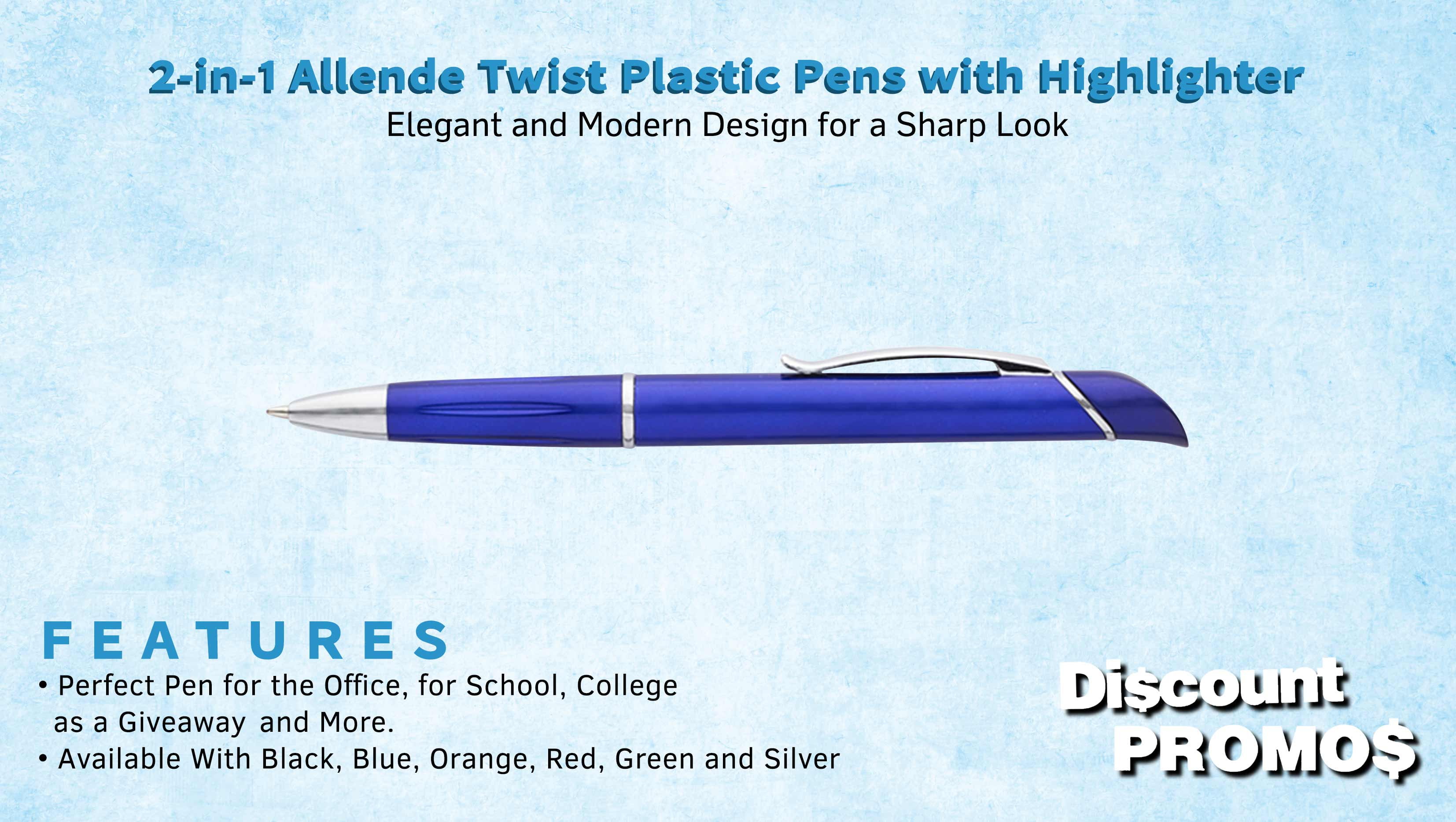 10 Allende Twist Plastic Pens with Highlighter Pack - Stylish, Durable, Black Ink - Blue