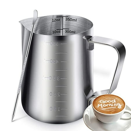 

WSSEY Stainless Steel Milk Jug for Coffee Maker - 350ml / 12oz Dishwasher Safe Stainless Steel Milk Foam Jug with Art Pen for Cappuccino Latte and Espresso D39