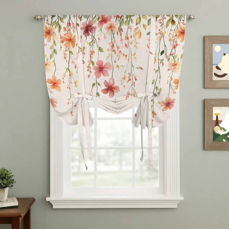 Spring Floral Tie Up Curtain 54 Inches Long Watercolor Leaf Romantic Red Yellow Flowers Retro Balloon Style Kitchen Window Curtain Over Sink Small Window Rod Pocket Curtain 42 x54