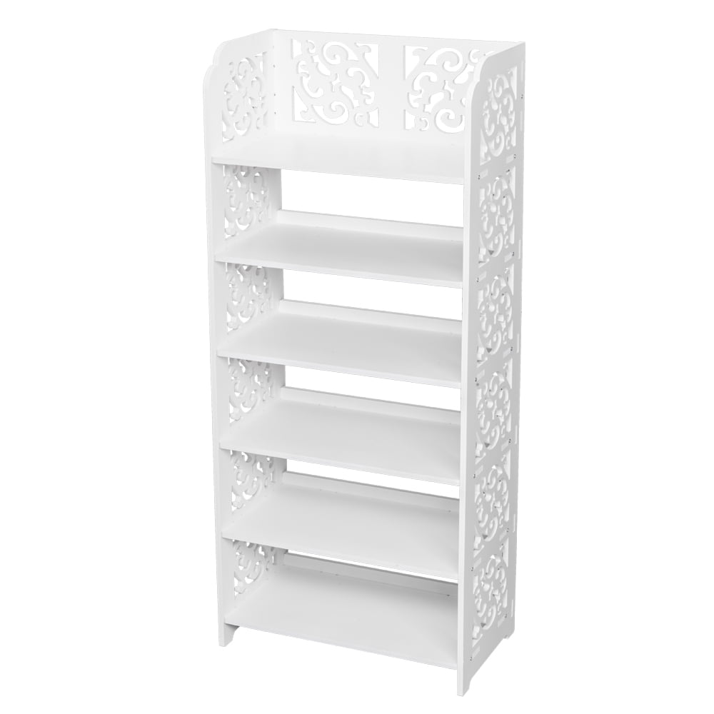 Wood-plastic Board Six Tiers Carved Shoe Rack - White - Stylish Waterproof Storage for Entryway, Living Room & Bedroom