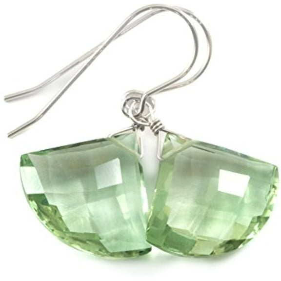 Sterling Silver Green Prasiolite Earrings Faceted Fan Shaped Large Drops Soft Green for Adult Women