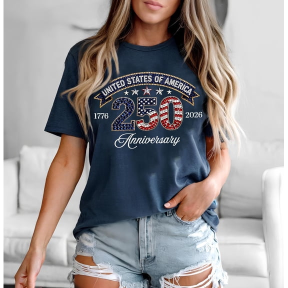 USA 250th Anniversary Shirt, America's Birthday Party T-Shirt, Rhinestone Effect 1776–2026 Tee