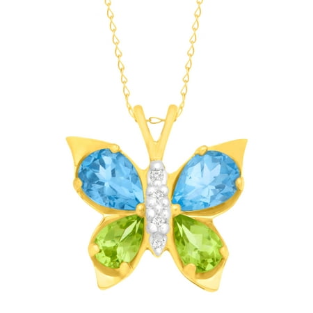 2 1/2 ct Topaz & Peridot Butterfly Pendant Necklace with Diamonds in 10kt Gold