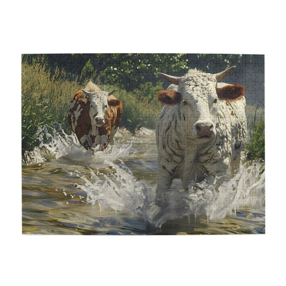 500-Piece Wooden Jigsaw Puzzle for Adults - Cows Running Through Water , Interlocking Pieces with Guide Letters, Holiday Gift & Home Decor
