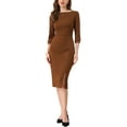 thumbnail image 3 of INSPIRE CHIC Women's Sheath Dress Boat Neck 3/4 Sleeves Split Hem Wear-to-Work Midi Dresses Dark Brown XS, 3 of 7