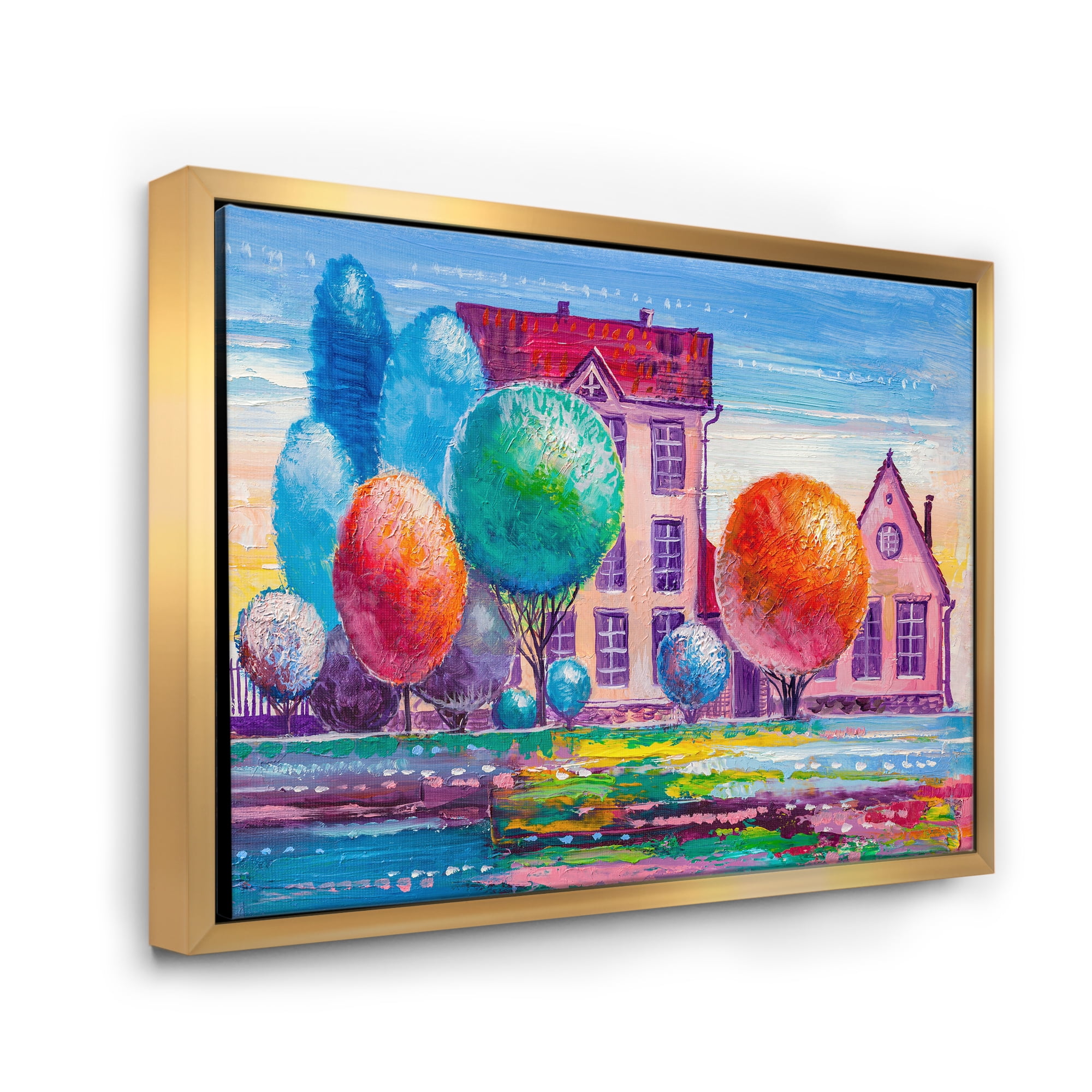 Abstract Daydream House In The VIllage 40 in x 30 in Framed Painting Canvas Art Print, by Designart
