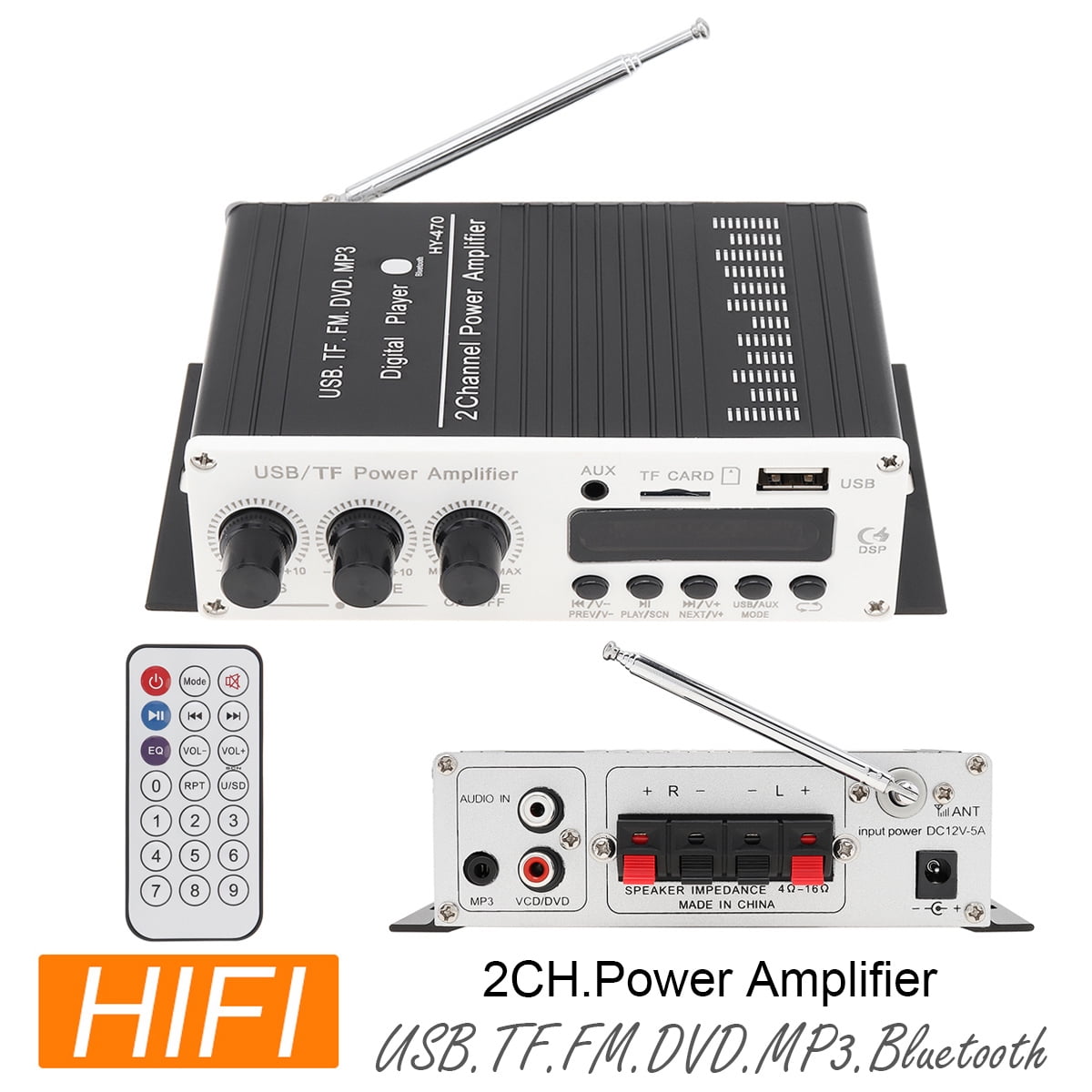 470BT Remote Control Bluetooth 2CH HI-FI Car Audio High Power Amplifier ...