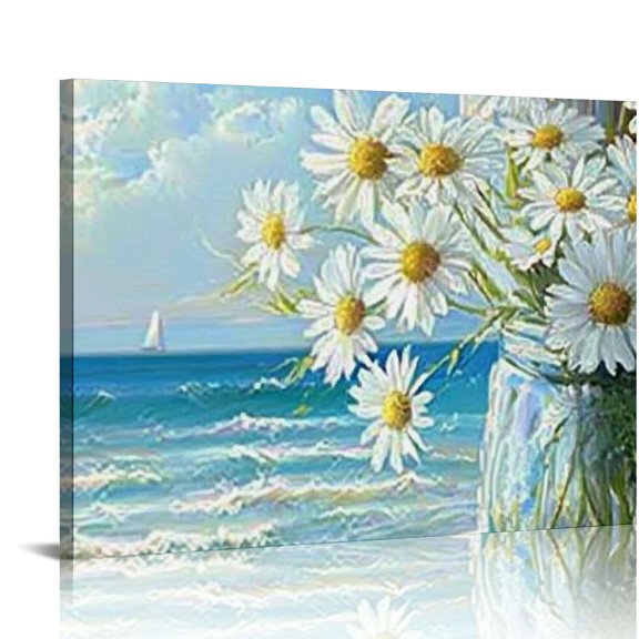 FCXZI Bathroom Canvas Wall Art for Living Room Tropical Coastal Beach Seascape Pictures Cat Daisy Houses Blue Scenery Painting Artwork for Bedroom Kitchen Office Home Decor 16x12in