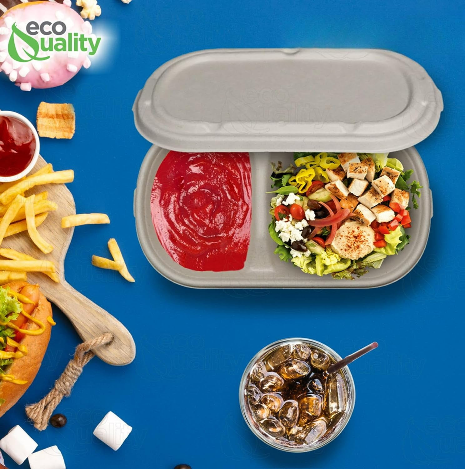 29oz Disposable Bowls with Fiber Lids - 2 Compartment Rectangular Compostable Sugarcane Biodegradable Paper Bowls Eco-Friendly Take Out Food Storage Containers, Microwave Safe, Meal Prep (50 PACK)