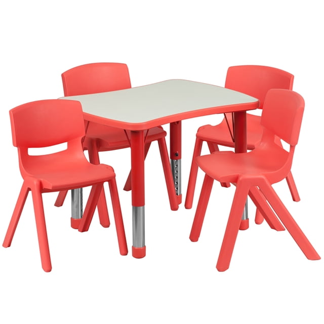 Mesa de actividades rectangular de plástico rojo ajustable en altura con 4 sillas Flash Furniture YU-YCY-098-0034-RECT-TBL-RED-GG