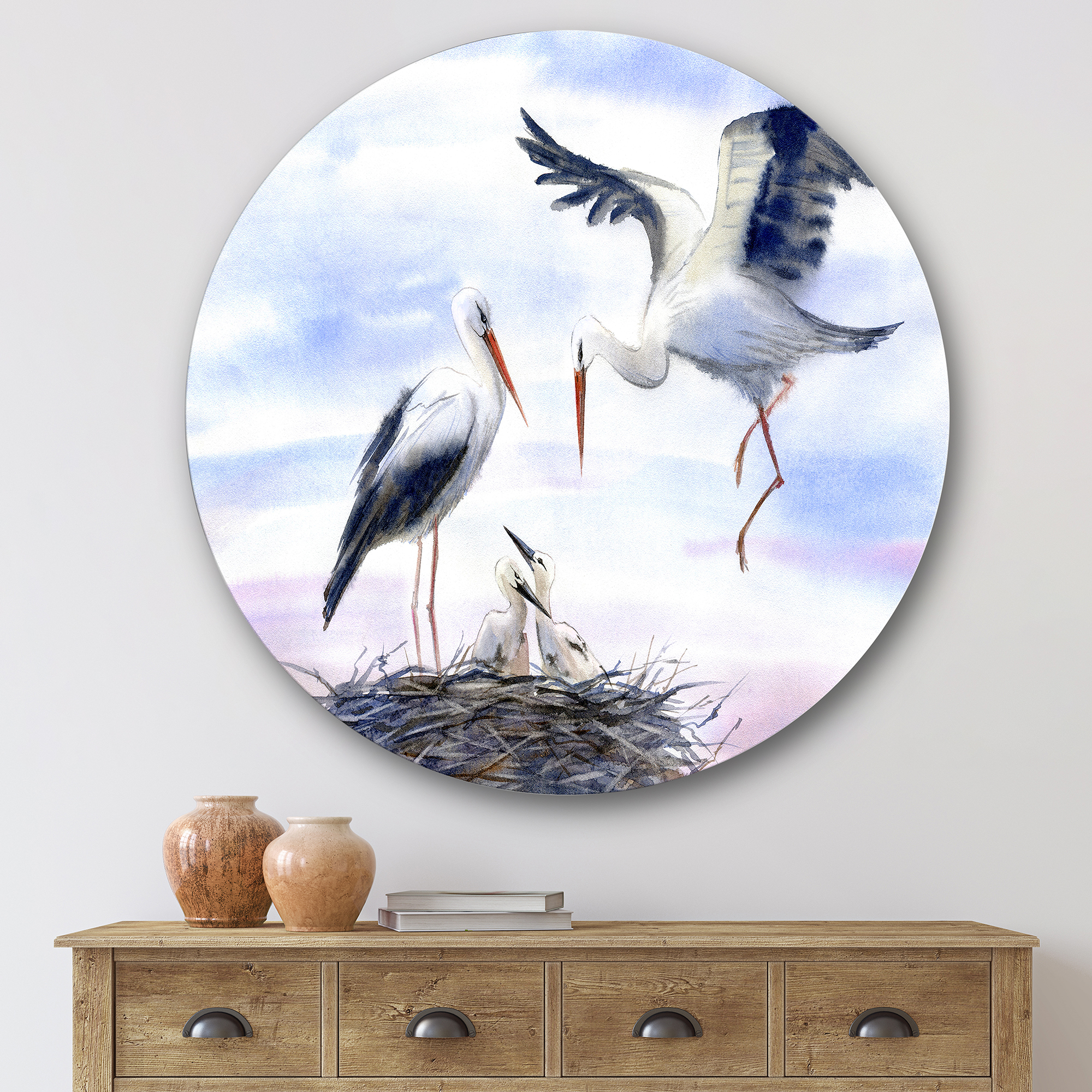 Designart 'Storks With Babies In The Nest' Farmhouse Circle Metal Wall Art 36x36 - Disc of 36