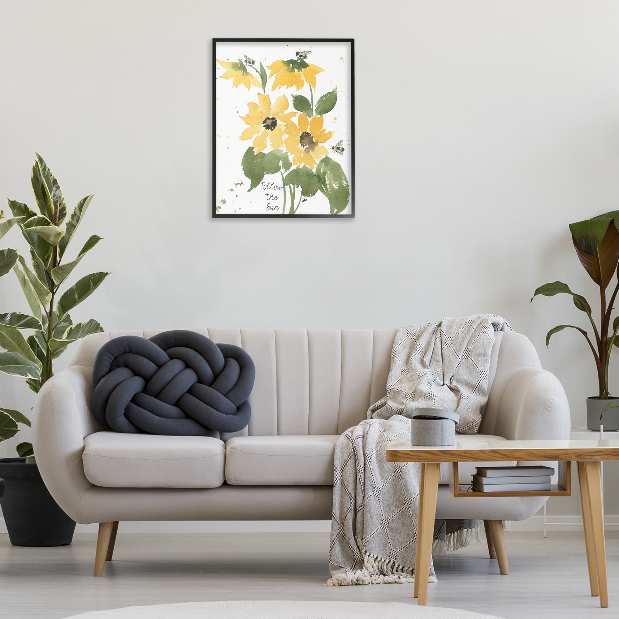 Stupell Industries Follow The Sun Phrase Botanical & Floral Painting Black Framed Art Print Wall Art, 24 x 30