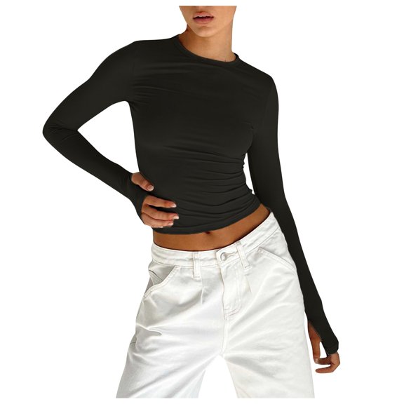 UJNDER Women's Solid Bottomed Round Neck Tshirt Hot Girl Slim Long Sleeve Finger Button Shirt Tops for Women Detail Black L