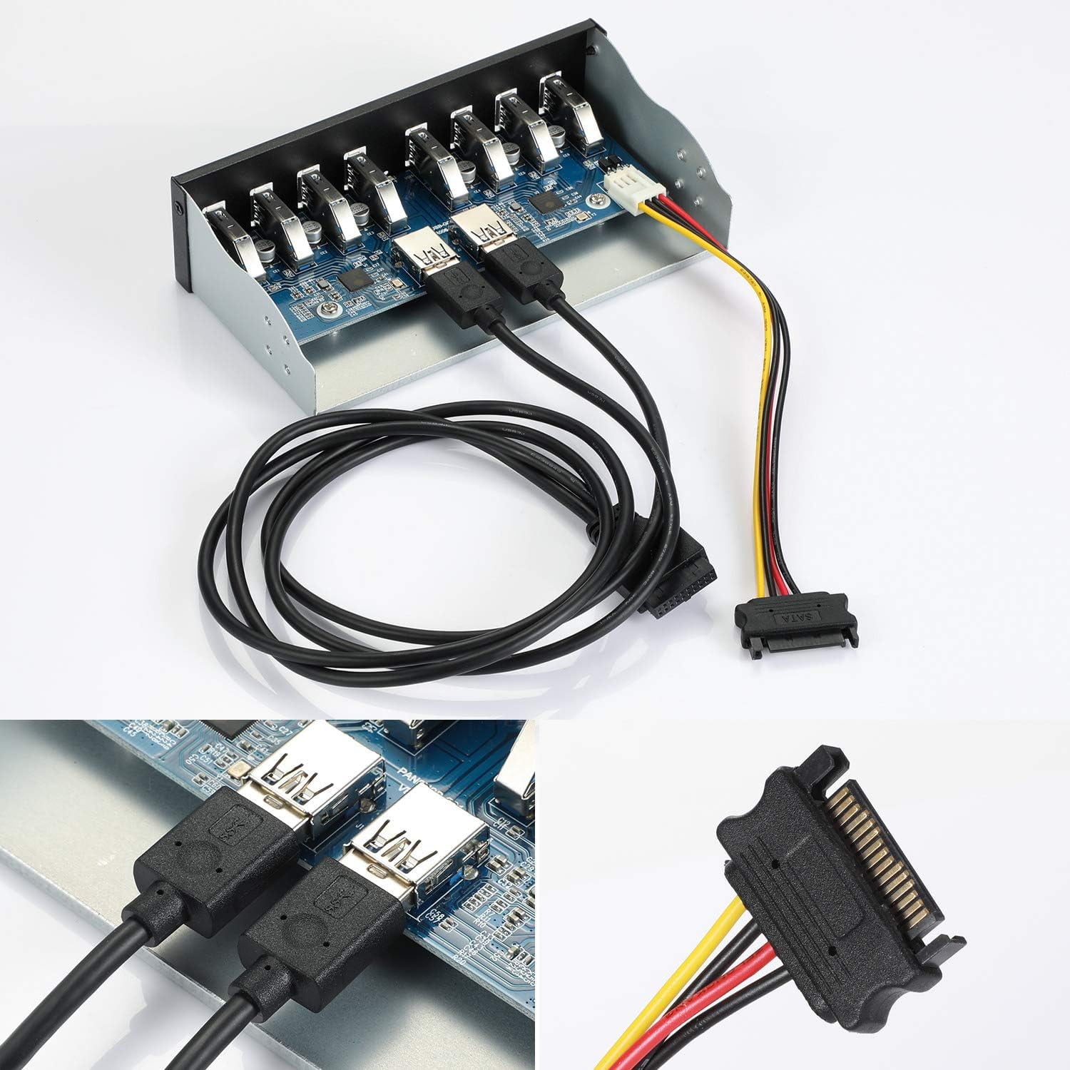 MZHOU 8-Port USB 3.0 Front Panel Hub Expansion Card - with 19-Pin & SATA Cables, 5 Mounting Screws - Compatible with Windows XP/7/8/10 & Linux - Desktop PC Internal USB Hub for Case Expansion