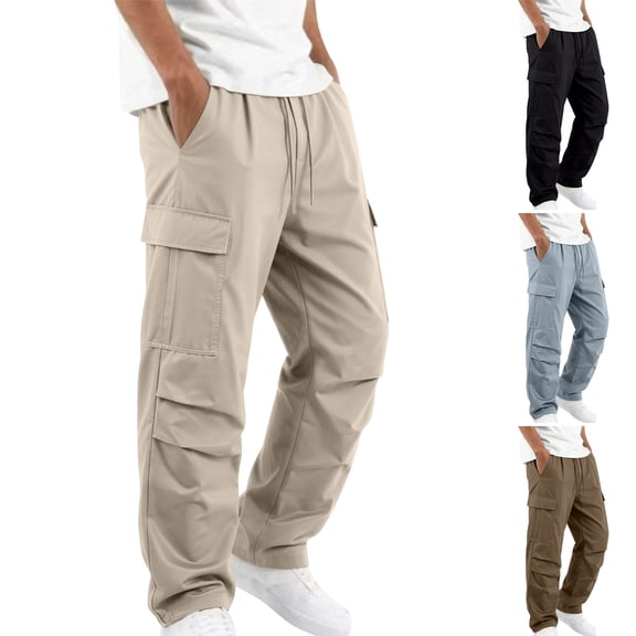 WAENQINLA Men's Wide Straight Leg Cargo Pants Multi Side Pockets Elastic Drawstring Waist Baggy Casual Long Trousers S-4XL