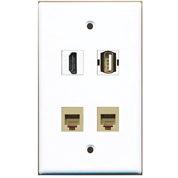 RiteAV - 1 Port HDMI 1 Port USB A-A 2 Port Phone RJ11 RJ12 Beige Wall Plate