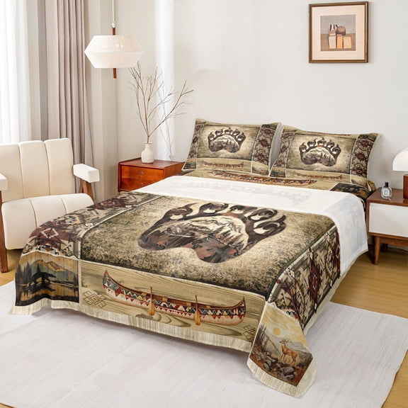 jejeloiu Wild Bear Paws Twin Sheet Sets,Rustic Farmhouse Twin Fitted Sheet,Brown Bohemian Aztec Flat Sheet For Boys Kids,Ultra Soft Home Decor,3-Piece