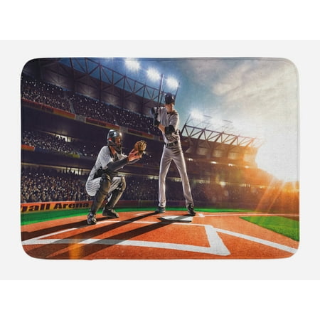 9' Plush Player - Teen Room Bath Mat, Professional Baseball Players in the Stadium Playing the Game Pich Sports Print, Non-Slip Plush Mat Bathroom Kitchen Laundry Room Decor, 29.5 X 17.5 Inches, Multicolor, Ambesonne