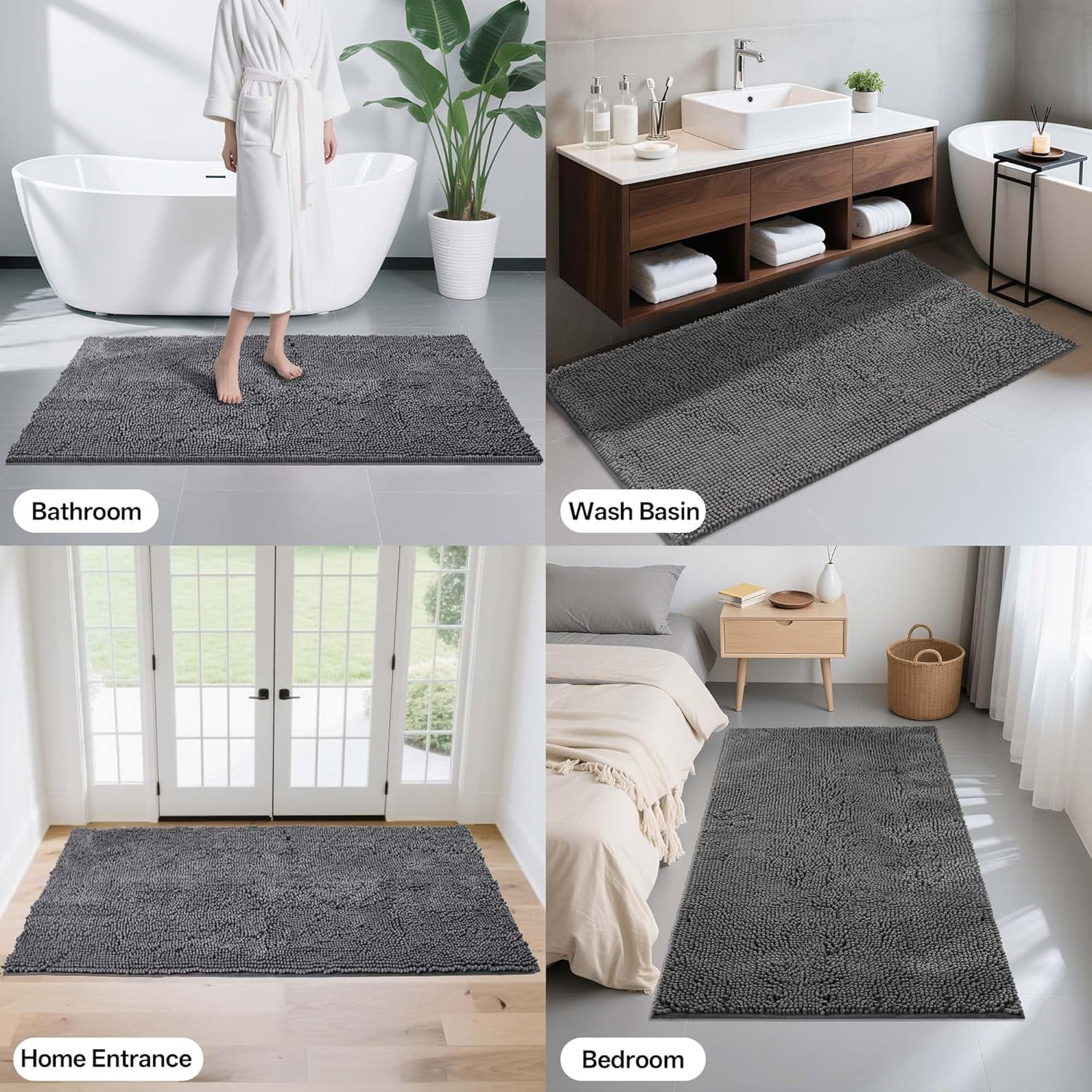 Bath Rug Mat,Extra-Soft Absorbent Chenille Bathroom Mats, 72" x 24" Non-Slip Rubber Backing, Large Washable Bath Mat for Bathroom Floor, Home Decor Accessories, Grey