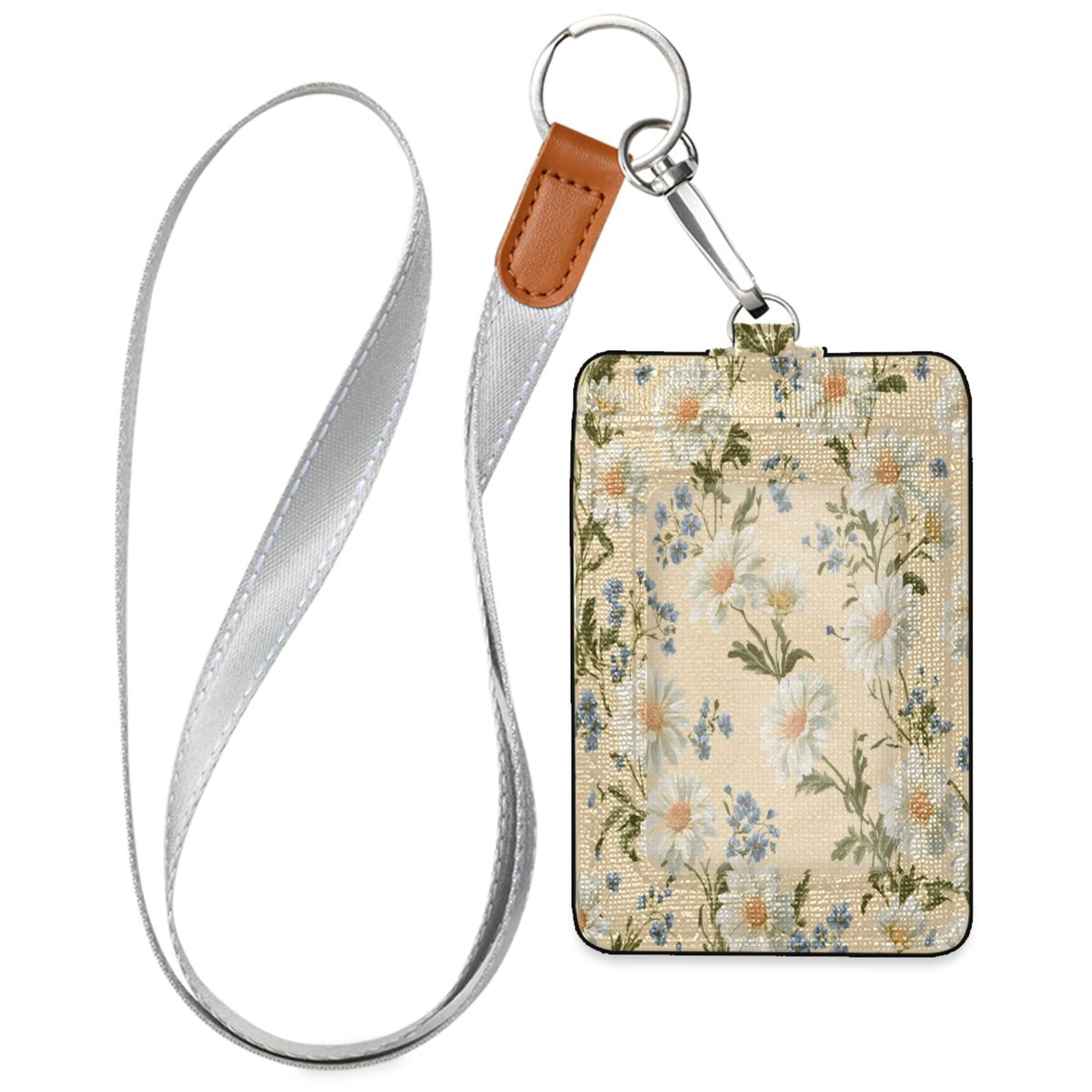 PU Leather ID Badge Holder Portable Card Protector for Work ID Business Cards Yellow Vintage Petal