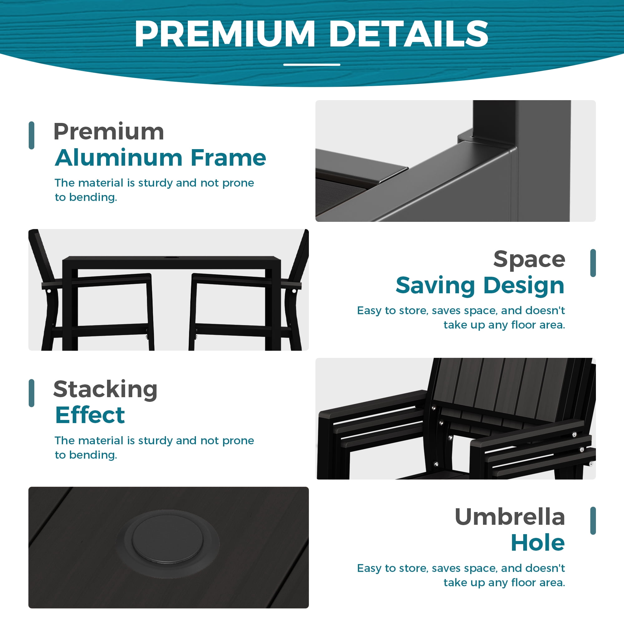 Ciokea 7 Piece Aluminum HDPS Outdoor Dining, Patio Table with Umbrella Hole & Stackable Chairs, All-Weather HDPS Furniture for Backyard, Poolside, Black